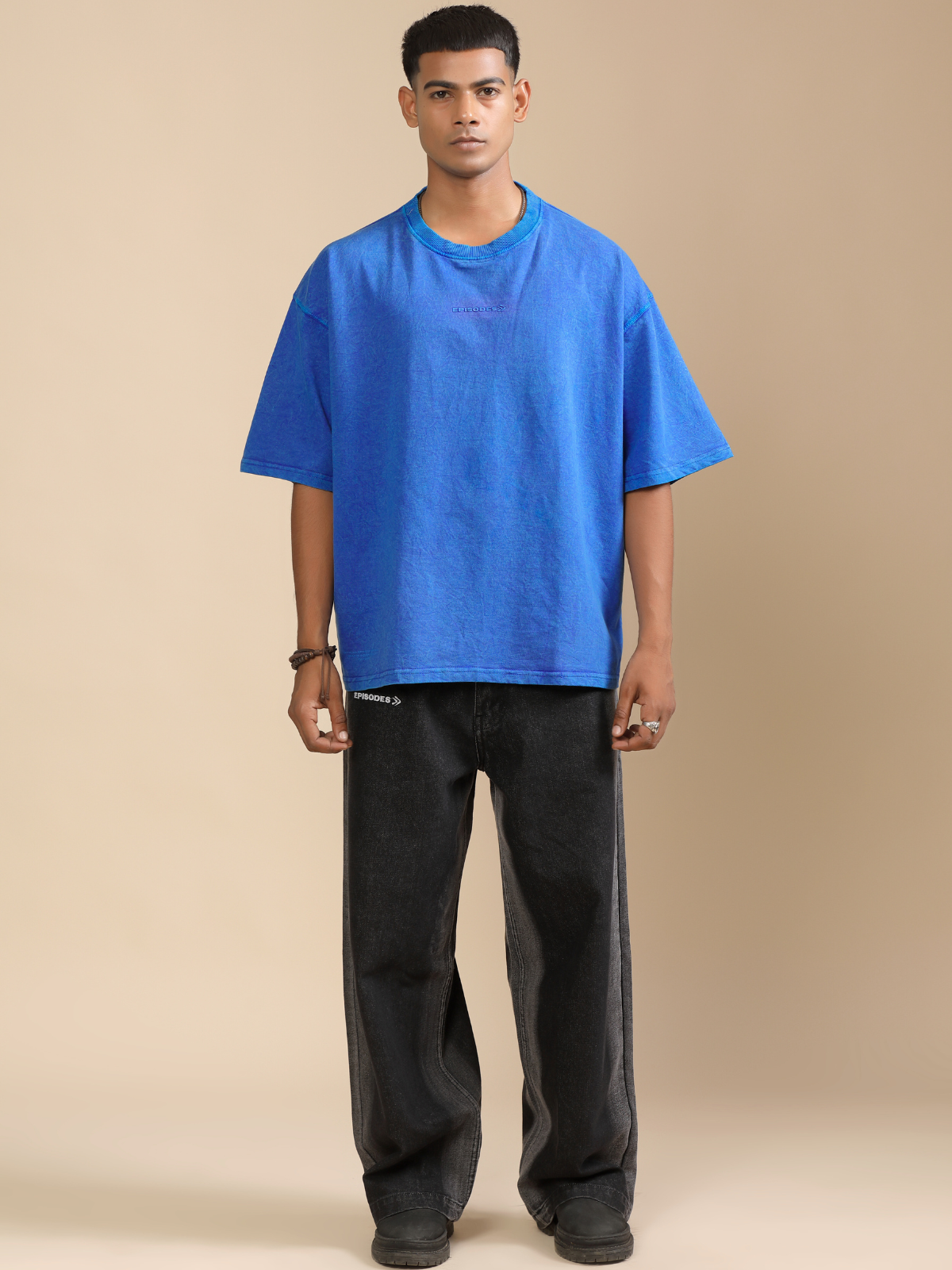 BLUE ACIDWASHED BOXY-FIT TSHIRT