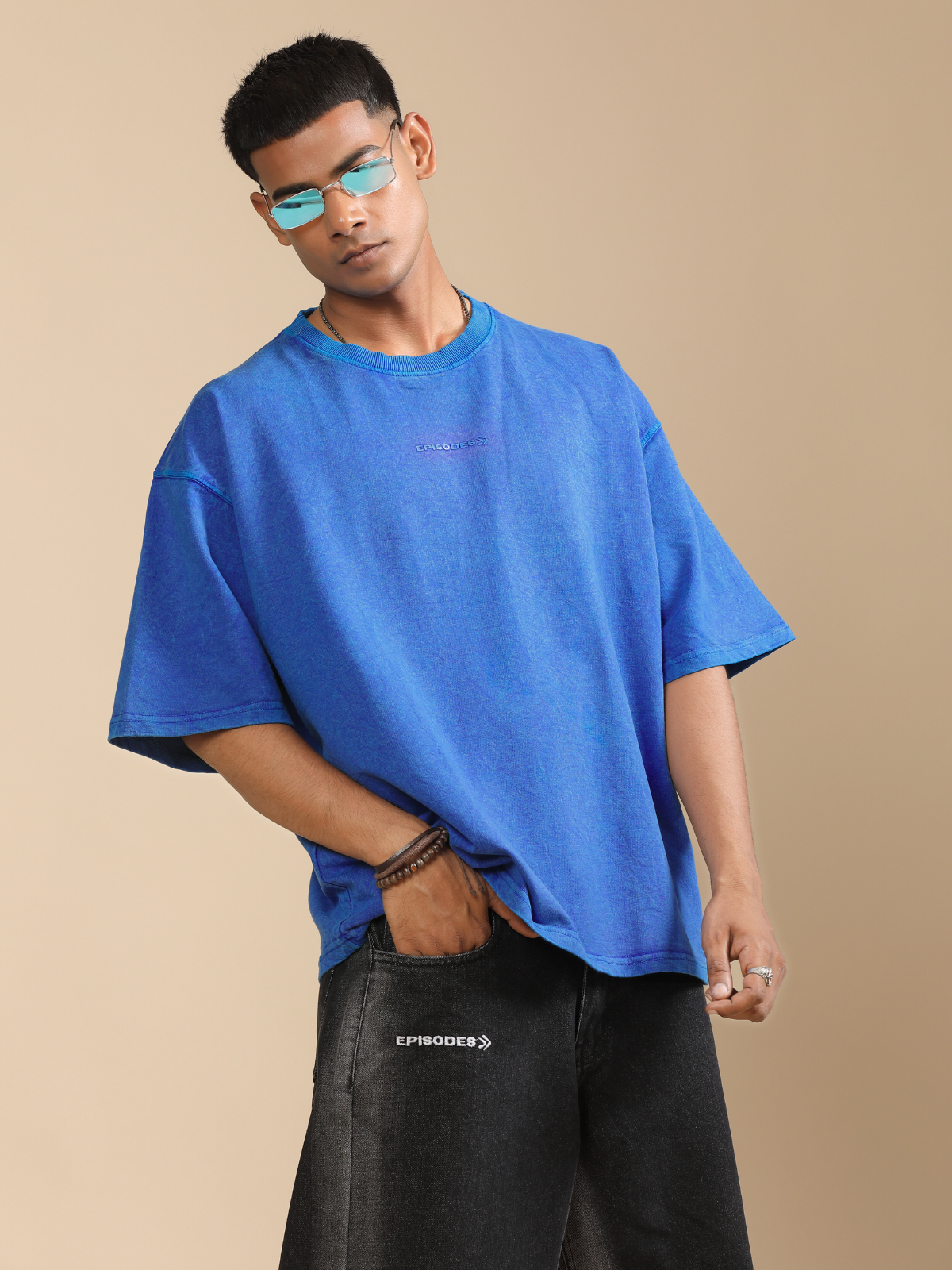 BLUE ACIDWASHED BOXY-FIT TSHIRT