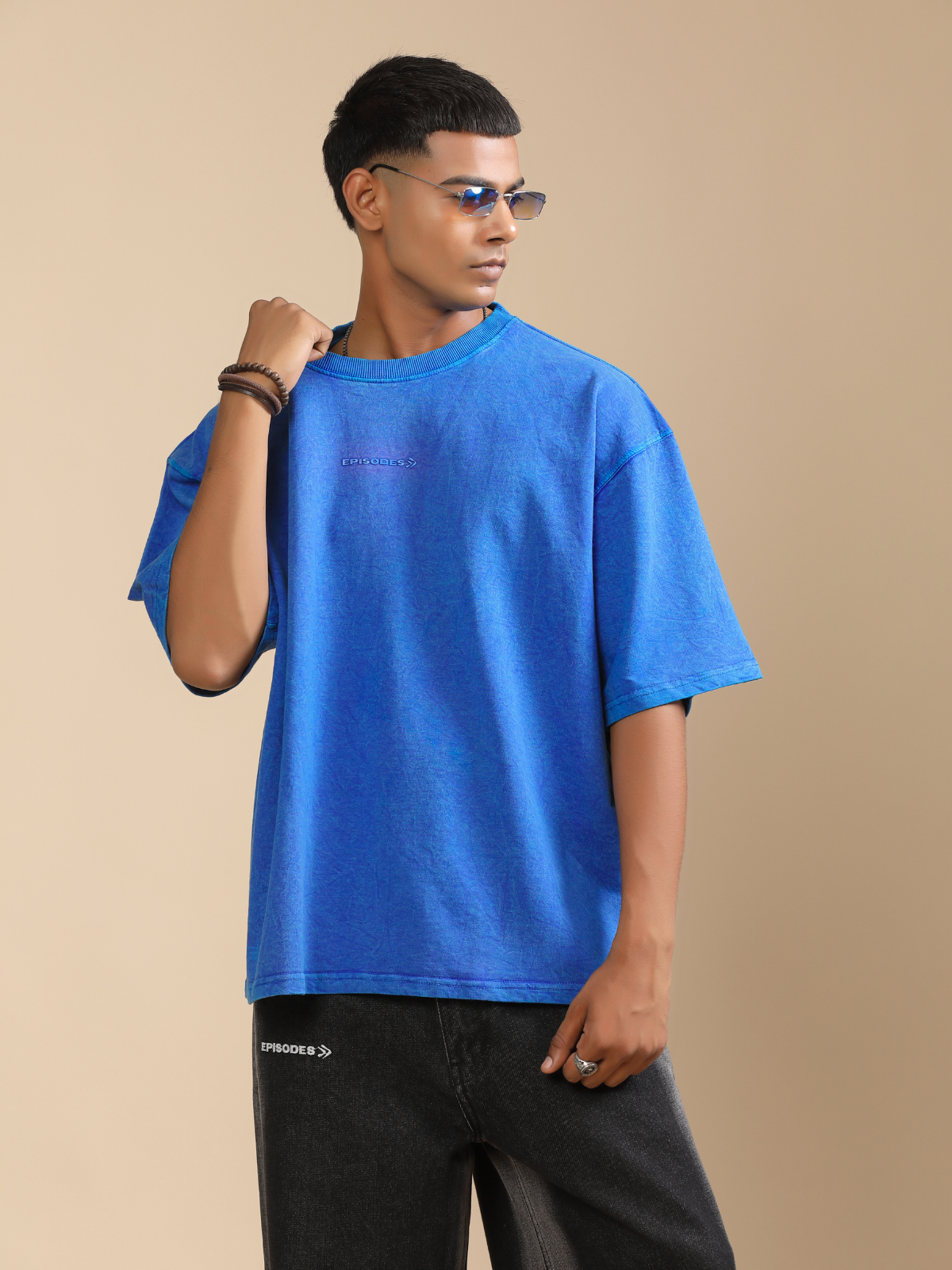 BLUE ACIDWASHED BOXY-FIT TSHIRT